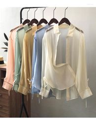 Women's Blouses QOERLIN Chic Transparent Curved Hem Lace-Up Plain Shirts Summer Sun-Protective Long Sleeve White Button Up Tops