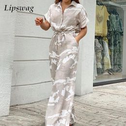 Women's Jumpsuits Rompers Summer Women Camouflage Print Playsuit Fashion Ladies Wide Leg Romper Overalls Casual Waisted Drawstring Lace-up Shirt Jumpsuits 230310