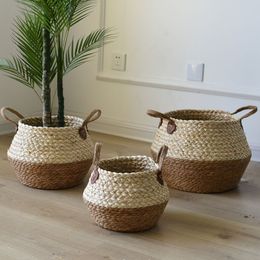 Storage Baskets Seagrass Basket Hand Woven Belly Basket with Handle Large Storage Laundry Picnic Plant Flower Pot Cover Woven Straw Bag Foldable 230310