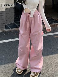 Women's Pants Capris Weekeep Pink Cargo Pants Pocket Patchwork Drawstring Low Rise Casual Pants Women Sweatpants Korean Fashion Basic Jogging Trouser L230310