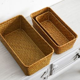 Storage Baskets Handwoven Wicker Storage Basket Rectangular Basket Home Bathroom Organizer Rattan Storage Boxes Desktop Makeup Organizer Box 230310