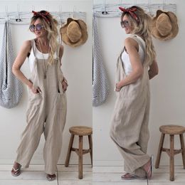 Women's Jumpsuits Rompers Rompers Brand Women Casual Loose Cotton Linen Solid Pockets Jumpsuit Overalls Wide Leg Cropped Pants 230310