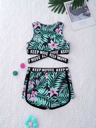 One-Pieces Kids Girls Swimsuit Two Pieces Swimwear Round Neck Sleeveless Cross Sash Crop Tops and Shorts Set Swimming Bathing Suit Clothes