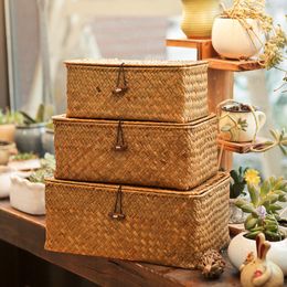 Storage Baskets Hand Woven Storage Basket Rectangular Desktop Storage Box Rattan Wicker Basket for Sundries Clothes Container Desktop Organiser 230310