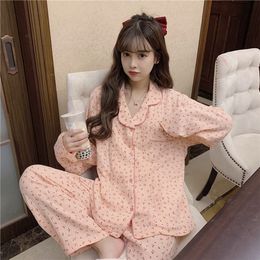 Women's Sleepwear linen 100%cotton Pajama Sets Women Cute Cherry print Spring Long Sleeve Sleepwear Loose Sweet Girl Students Length Pants Lounge 230310