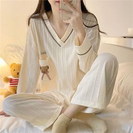 Women's Sleepwear Korean style Women Pyjama Sets Spring Autumn Long Sleeve Bear Print Nightwear Loose Elegant Pyjamas Female Leisure 2-piece 230310