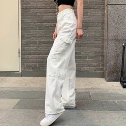 Women's Jeans Vintage Women Fashion White Blue High Waist Casual Jeans Loose Omighty Wide Leg Pocket Cargo Pants Solid Overalls Trouser 230310