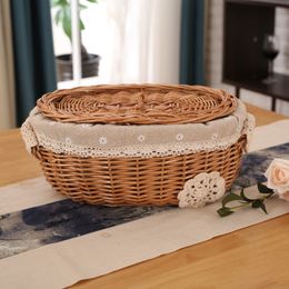 Storage Baskets Wicker Bread Fruit Storage Rattan Basket With Lid Snack Toys Cosmetics Storage Organiser Box Hand Made Home Decor Wicker Basket 230310