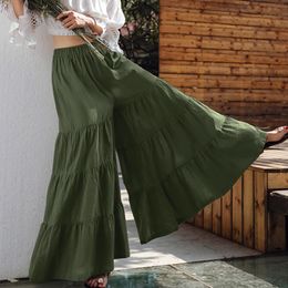 Women's Pants Capris Vintage Women's Wide Leg Trousers ZANZEA Solid Pants Casual Elastic Waist Long Pantalon Palazzo Female Turnip 230310