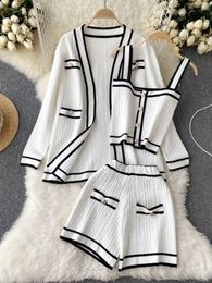 Womens Two Piece Pants Casual Long Sleeve V Neck Cardigan Jacket Sling Vest High Waist Shorts High Quality Chic Button Knitted Vintage 3 Piece Sets 230310