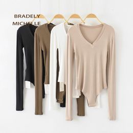 Womens Jumpsuits Rompers BRADELY MICHELLE Autumn Sexy Women Slim Long Sleeve Vneck Tops Cotton knitted Bodysuits With Hidden Button Jumpsuis 230308