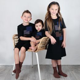 Family Matching Outfits all seasons ribbed cotton family matching clothes baby romper top girl dress boy tshirt teen long sleeve black rib 230310