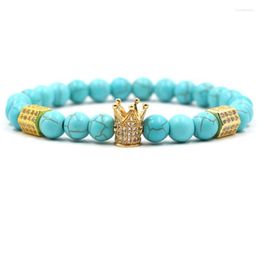 Strand FYSL Light Yellow Gold Color Crown Connect 8 Mm Green Turquoises Stone Beads Stretchy Bracelet Classic Jewelry