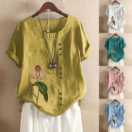 Women's Blouses Fashion Cotton Linen Blouse Oversize Loose Floral Print Tops Casual Summer Ladies Top Female Women Short Sleeve Blusas