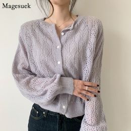 Women's Blouses & Shirts Autumn Hollow Out Woman Solid Elegant Vintage Office Lady Tops Casual Long Sleeve Shirt Knitted Cardiga