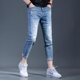 Men's Jeans Summer Ripped Men 2023 Blue Grey Denim Trousers Casual Slim Fit Ankle-Length Pants