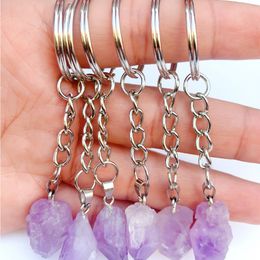 Mini Amethyst Irregular Stone Key Rings Circle Chains Charms Keychains Healing Crystal Keyrings for Women Men