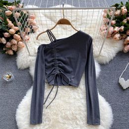 Women's T Shirts Off Shoulder Women Long Sleeve T-Shirt 2023 Spring Autumn Fashion Drawstring Bandage Pleated Solid All-match Top Blouse