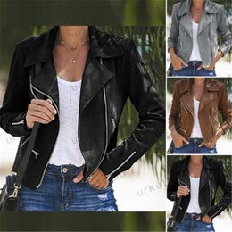 Women's Jackets Fashion Solid Long Sleeve Leather Jacket Slim Coats Zip Up Biker Casual Flight Top Coat Outwear