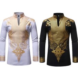 Ethnic Clothing Men Print African Print Dresses Rich Bazin Dashiki Long Sleeve T-shirt Traditional Fashion Style Adult Blouse Clothing 230310