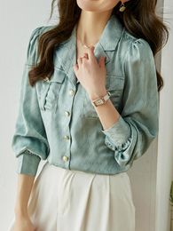 Women's Blouses QOERLIN Notched Collar Long Sleeve Mint Satin Shirt Women Korean Fashion Bishop Elegant Office Ladies Tops Blouse