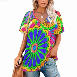 Women's T-Shirt Women Colourful Flower T Shirts Bright Hippy Cartoon V Neck Street Wear Oversized T-shirt Girls Cute Tee Shirts Summer Clothing