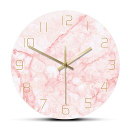 Wall Clocks Natural Pink Marble Round Wall Clock Silent Non Ticking Living Room Decor Art Nordic Wall Clock Minimalist Art Silent Wall Watch 230310