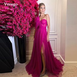 Party Dresses Verngo A Line Tulle Fuschia Prom Dresses One Shoulder Bones Slit Floor Length Women Evening Dress Long Formal Occasion Dress 230310