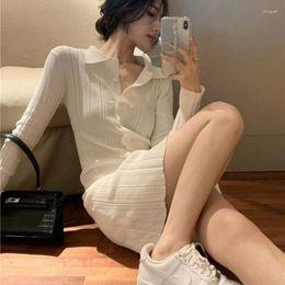 Casual Dresses Knitted Long-sleeved Dress Women Autumn 2023 Korean Fashion Aesthetic Preppy Style Temperament Slim Single-breasted Skirt