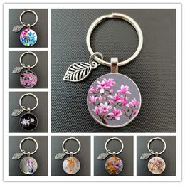 Key Rings Daisy rose cherry blossom simple style keychain glass cabochon Jewellery lily flower pendant keychain men and women gifts R230311