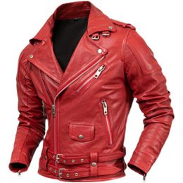 Men's Leather & Faux Genuine Motorcycle Jacket Sheepskin Vegetable Tanned Jersey Red Male