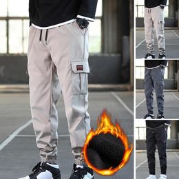 Men's Pants Men Pants Solid Color Multi Pockets Drawstring Plush Lining Cold Proof Autumn Winter Thicken Ankle Tied Cargo Pants for Working 230311