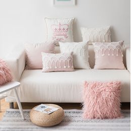 Cushion/Decorative Pillow Pink Decorative Cushion Velvet Sofa Decoration Pillow Princess Room Romantic Throw Pillow Waist Pillow Home Decorative Pillow 230311