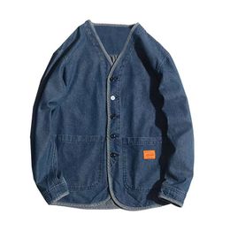 Men's Jackets Japan Style Amekaji V-Neck Single Breasted Men Denim Jacket Spring Mens Vintage Jean Jackets 230311