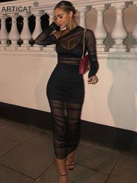 Casual Dresses Articat Mesh See Through Women Dress Sexy 3 Piece Set Elegant Fashion Female Clothing Slim Camisole Black Bodycon Skirts 230310