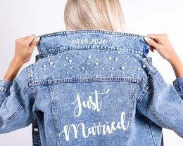 Women's Jackets Personalised Ladies Pearl Embellished Denim Bride Mrs Just Married Custom Wedding with Date 230310