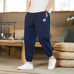 Men's Pants Summer Casual Chinese Style Cotton Linen Ninth Pants Men Fashion Embroidery Loose Harem Pants Men's Street Jogging Pants 230311