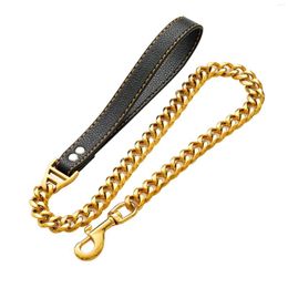 Dog Collars Heavy Duty Metal Chain Leash With Soft Leather Handle Luxury 18K Gold Cuban Link For Large Dogs 60/90cm