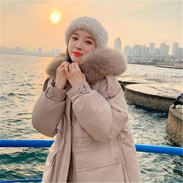 Women's Trench Coats Korean Fashion Cotton Coat Outwear Snowwear Womens Parka Puffer Mid Length Jacket Winter Large Fur Collar Hooded