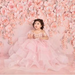 Girl Dresses Pink Sheer Neck Flower 2023 Pearls Ball Gown Tiers Tulle Lilttle Kids Birthday Pageant Weddding Gowns