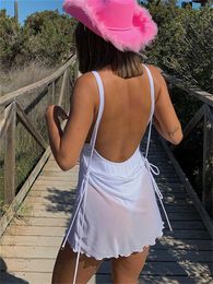 Women's Swimwear wsevypo Sexy Backless Suspender Mini Beach Dress Summer Women Swimsuit Cover-ups See-through Sleeveless Halter Tie Up Dresses Y230311