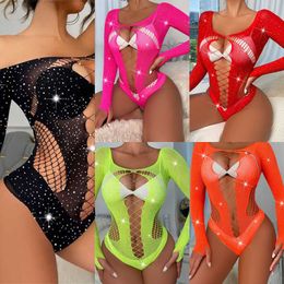 Hot Selling Jumpsuit Women Long Sleeve Lingerie Set Mesh Rhinestone Nightclub Fishnet Bodystocking Sexy Bodysuits Playsuits For Women