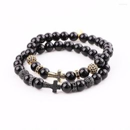 Strand Fashion Luxury CZ Pave Cross Charm Natural Black Agate Stone Elastic Bracelet For Men Jewellery
