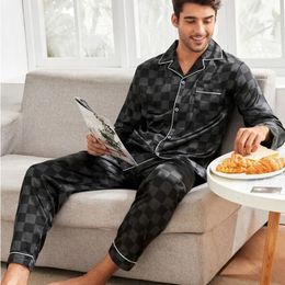 Men's Sleepwear Men Chequered Silk Satin Pyjamas Set Home Sleepwear Long Trouser Suit Female Sleep Two Piece Set Couple Loungewear Plus Size 230311