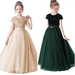 Girl Dresses Sparkly Sequins Short Sleeves Flower Tulle Kids Birthday Party Pageant Prom Gown Junior Bridesmaid