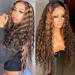 Lace Wigs Persephone Ombre Highlight Curly Human Hair Wig 13x4 Front Brown Deep Wave