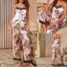 Women's Sleepwear Two-Piece Pijama Mujer Sling Pyjamas Women Nightdress Sexy Lingerie Satin Silk Underwear Floral Printed Lace 2023