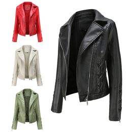 Women's Jackets Spring Autumn Women Short Faux Leather Jacket Ladies Solid With Zipper Biker Coat Female Casual Turndown Collar Outwear 230310