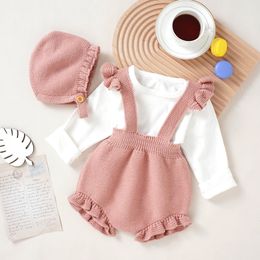 Rompers Baby Bodysuits Knitted Summer born Girls Jumpsuit Outfits Fashion Ruffles Infant Toddler Clothing Hat 2PC Solid 0-18M Onesies 230311