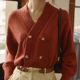 Women's Knits Lightweight Knitted Red Women Sweater Cardigan Winter Double Breasted Solid Long-Sleeved Slim Elegant Female Outwear Tops